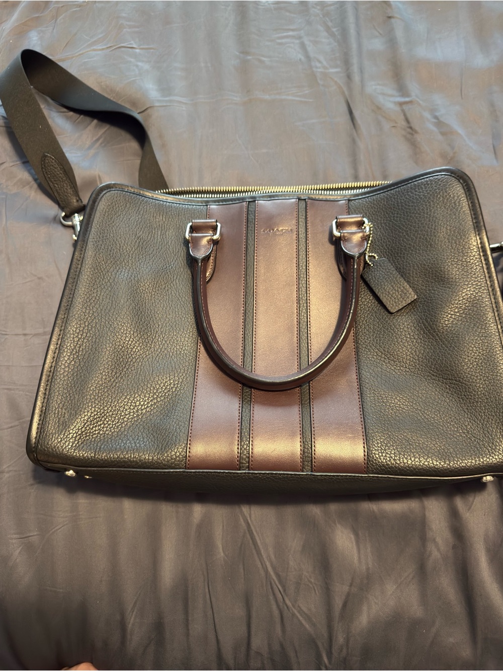 Coach Black Pebble Leather Briefcase with Brown Center Stripes - Picture 2 of 5